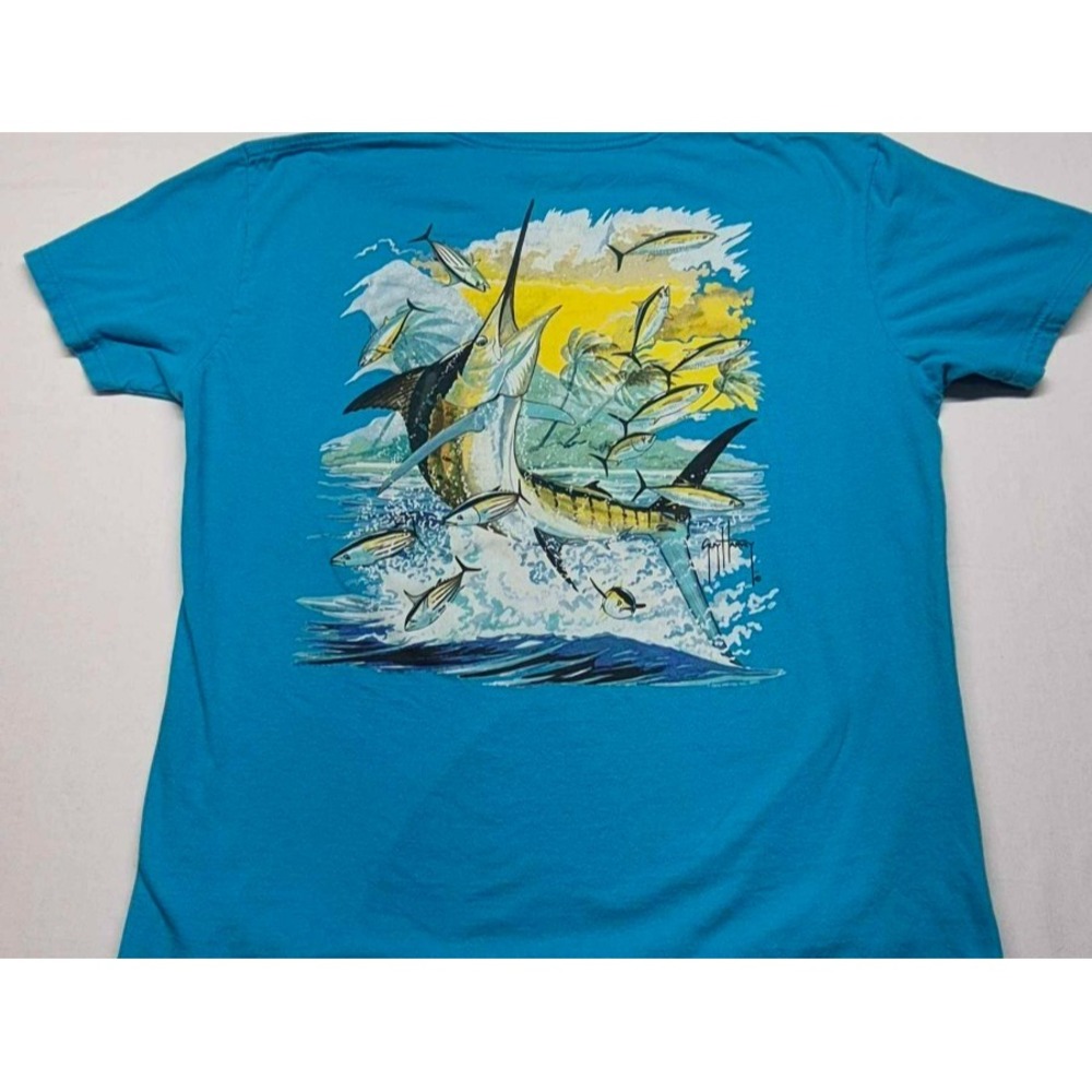 Guy Harvey women's teal swordfish fishing theme graphic t-shirt sz. L Cotton‎